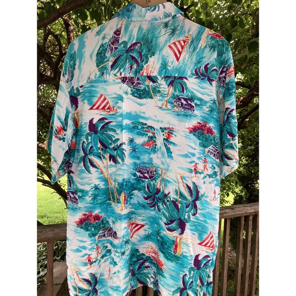 Size L Blue Rayon Hawaiian Aloha Shirt Vintage 90s - Picture 5 of 5